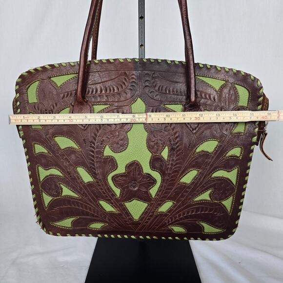 Leaders in Leather Tote Laptop Bag Hand Tooled Cutout Brown Green Paraguay - Picture 12 of 16